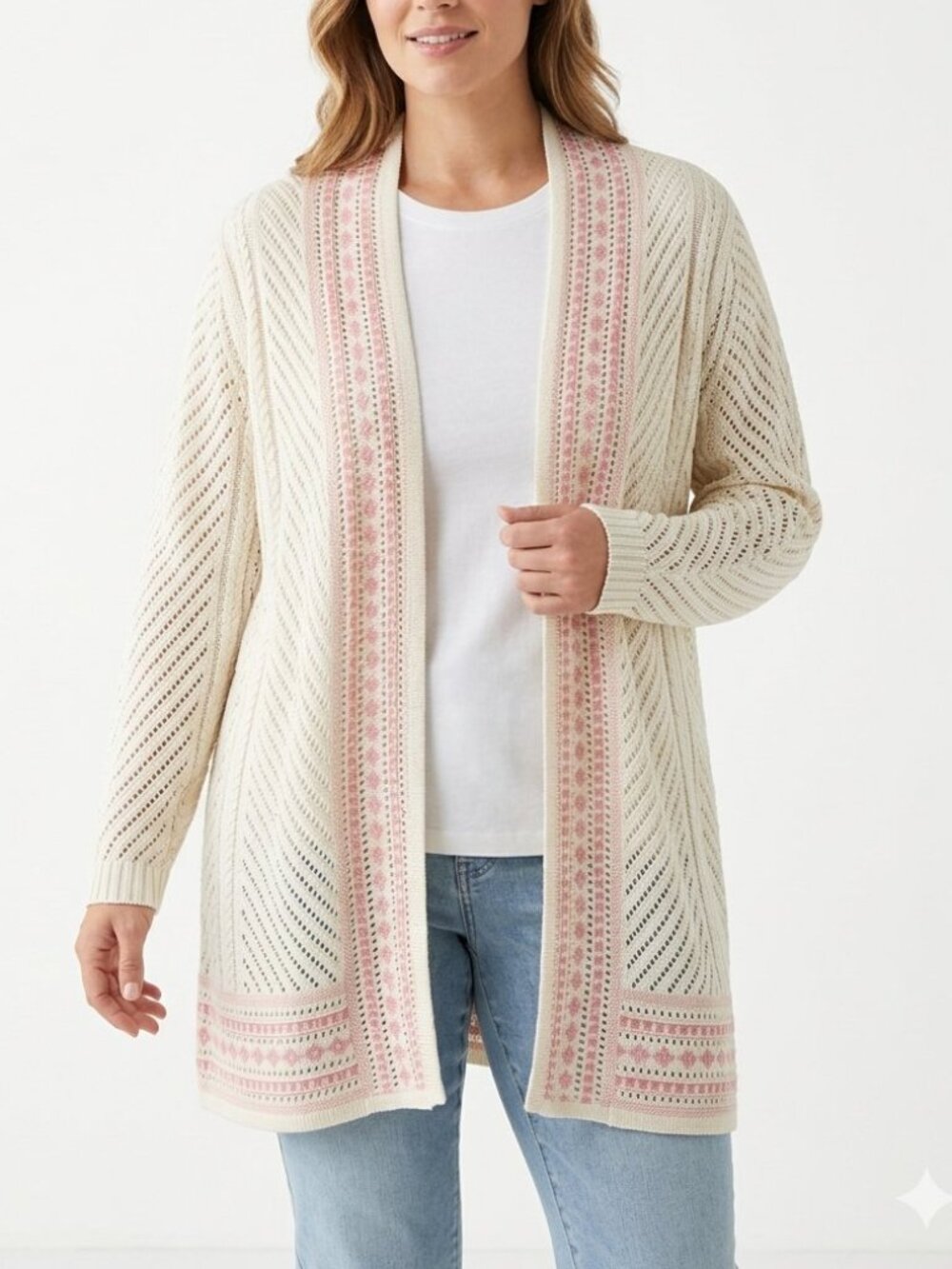 Liz Claiborne Cardigan Sweater Dust Cream Pink Pointelle Crochet Boho Grandma 3X